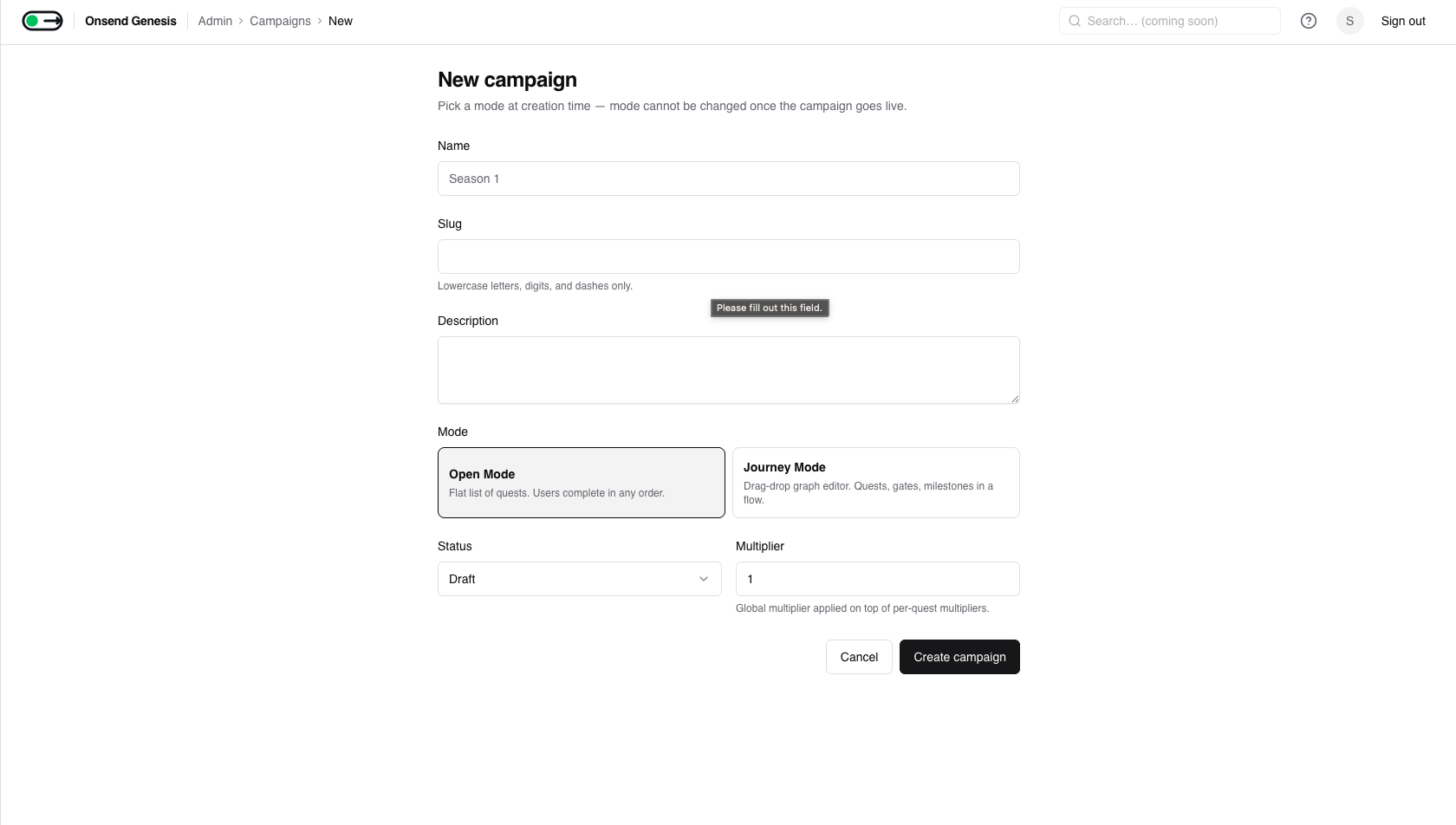 Admin → Campaigns → New campaign form