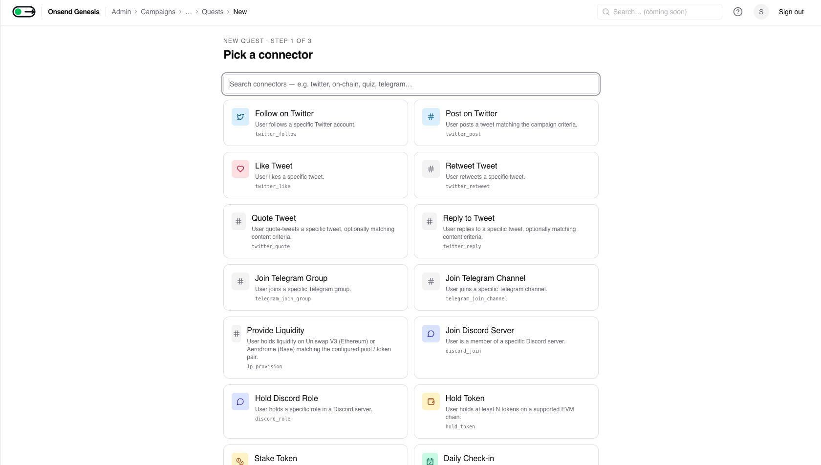 Admin → Campaigns → (campaign) → Add quest → connector picker
