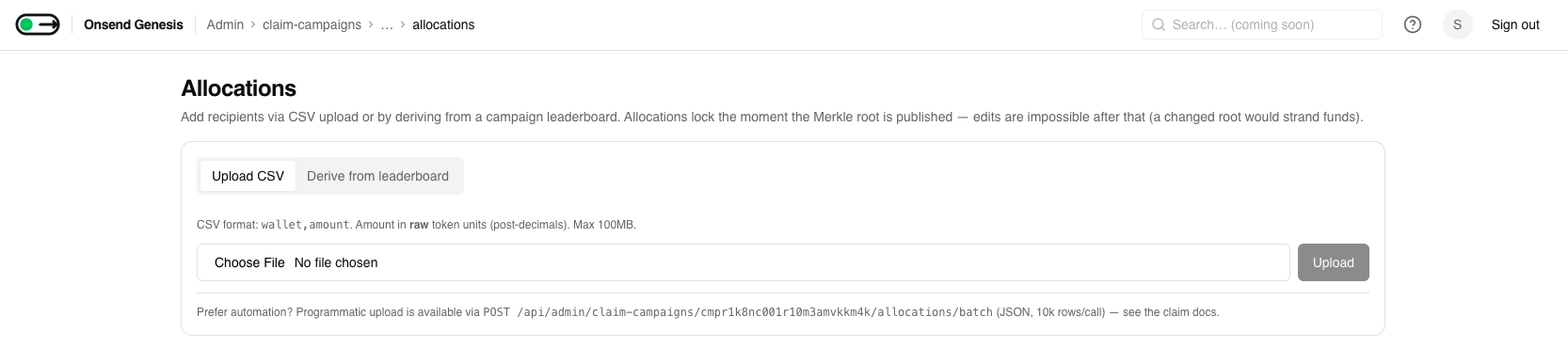 Admin → Claim Campaigns → (campaign) → Allocations → Upload CSV