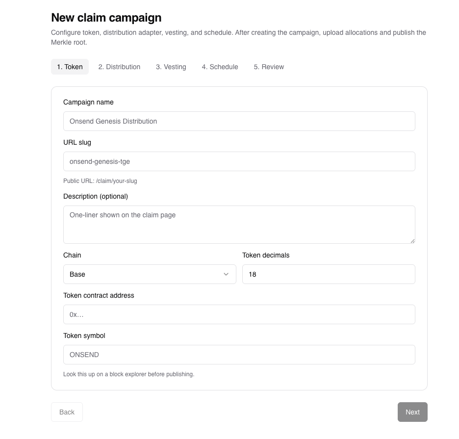 Admin → Claim Campaigns → New campaign wizard