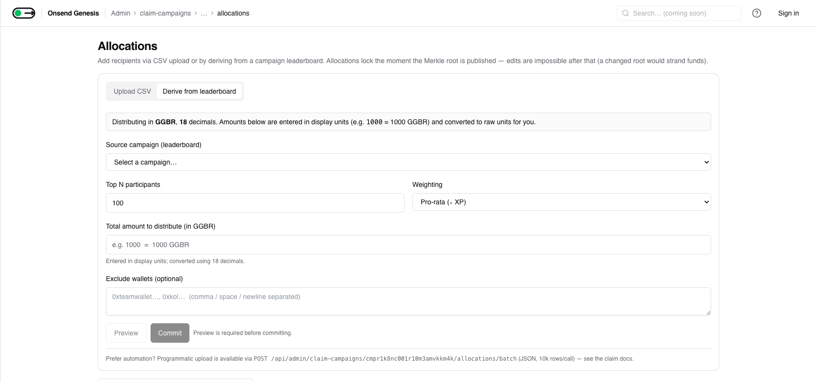 Admin → Claim Campaigns → (campaign) → Allocations → Derive from leaderboard