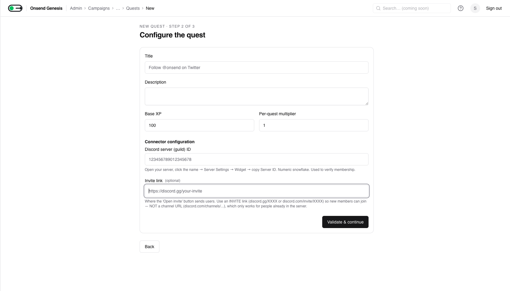 Admin → Discord join quest config → Invite link field
