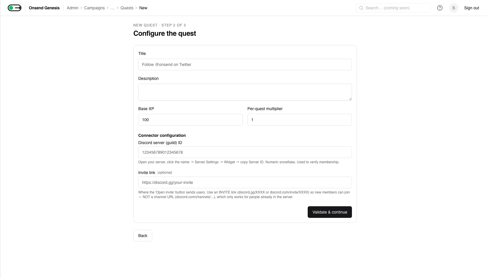 Admin → Campaigns → (campaign) → Add quest → Discord join