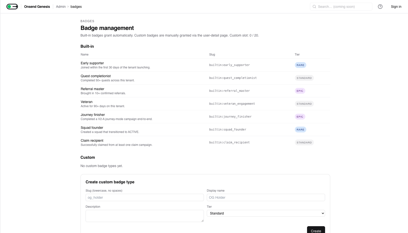 Admin → Badges → built-in + custom badge types with the custom-badge quota