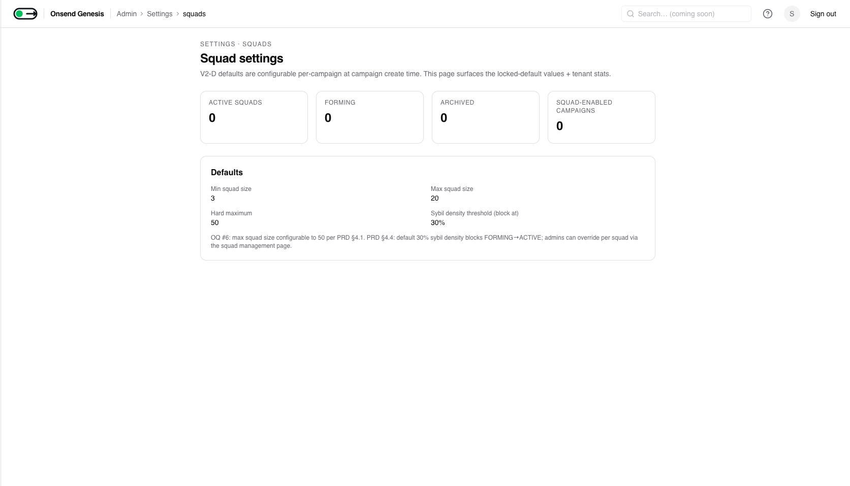 Admin → Squads → directory with status, member count, total XP and sybil density