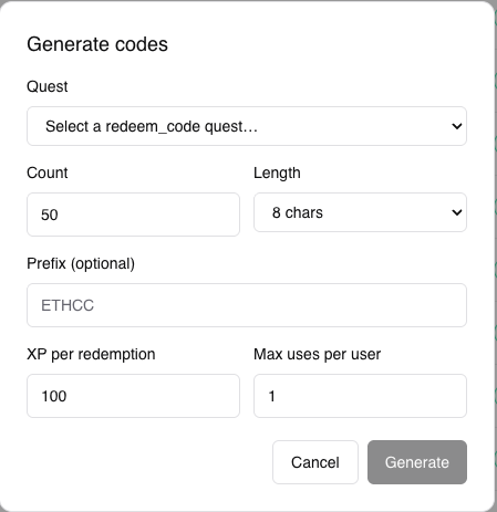 Admin → Redeem Codes → Generate codes modal