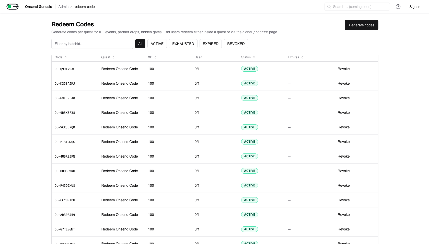 Admin → Redeem Codes list with batch + status filters