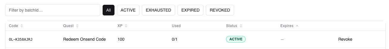 Admin → Redeem Codes → row actions (Export CSV, Revoke)