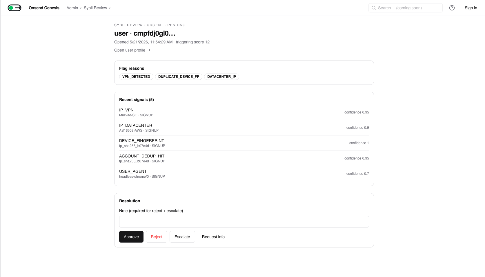 Admin → Sybil Review → (item): signals and resolution actions