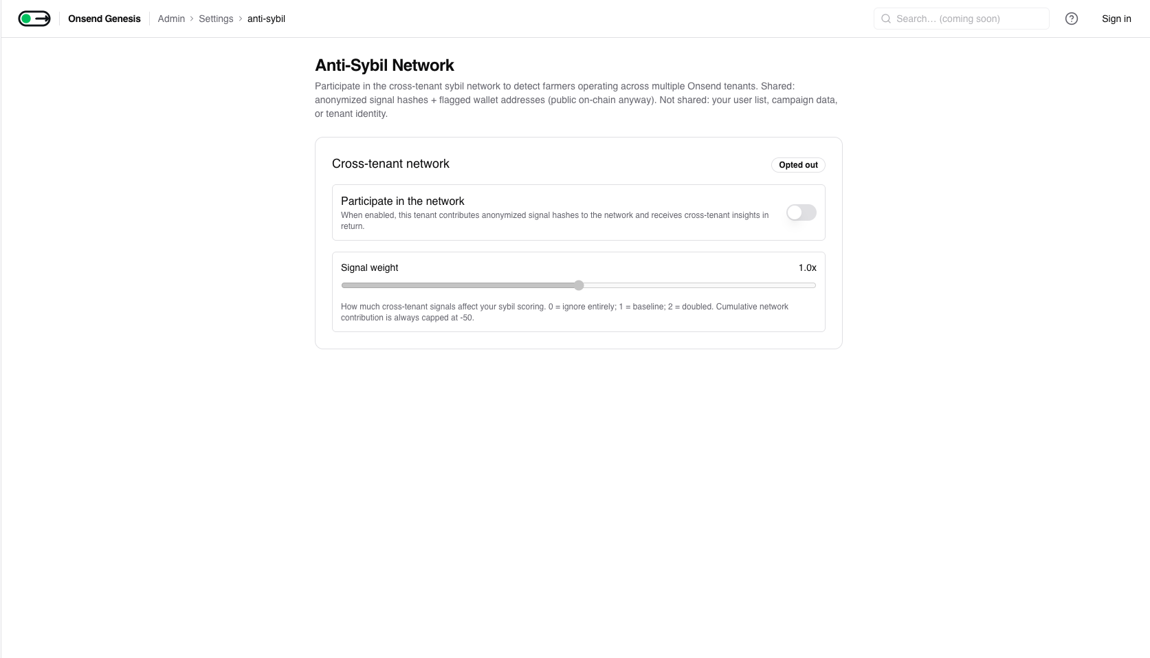 Admin → Settings → Anti-Sybil: network participation and signal weight