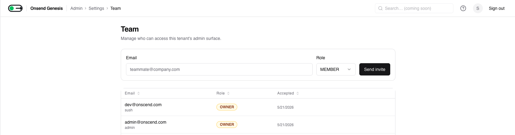 Admin → Settings → Team: member list with role and accepted status